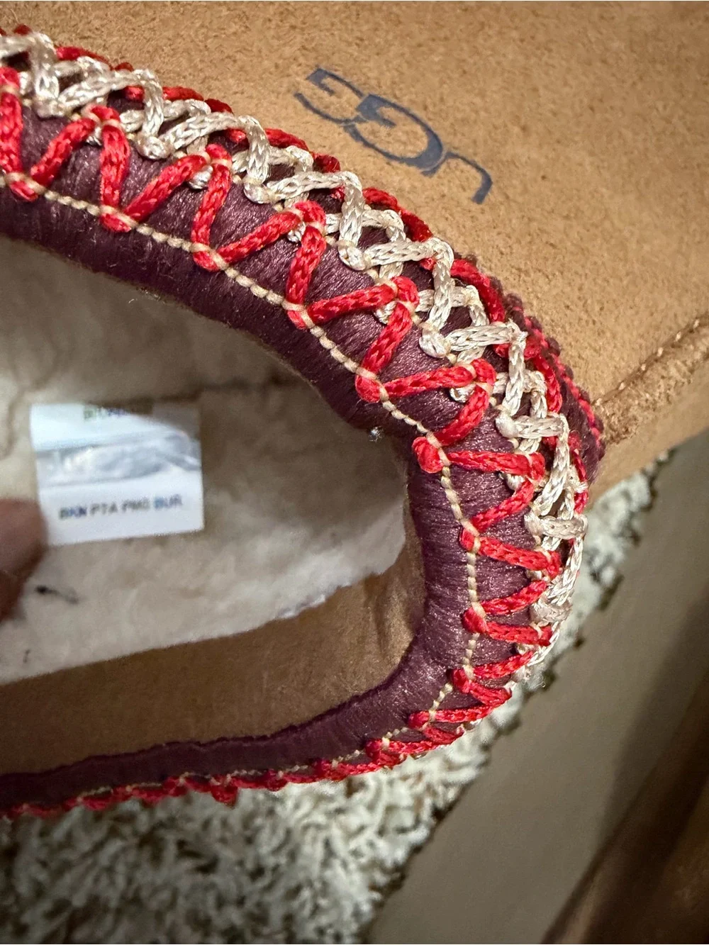 UGG Chestnut Suede Slip-On Mules with Red Knit Trim